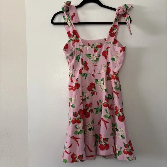 Zara Womens XS Cherry Print Sleeveless A-Line Mini Dress Tie Straps Straight Nec - Picture 4 of 9